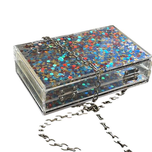 Acrylic Confetti Glitter Hard Clutch Purse Handbag chain strap clear rainbow y2k - Picture 8 of 14